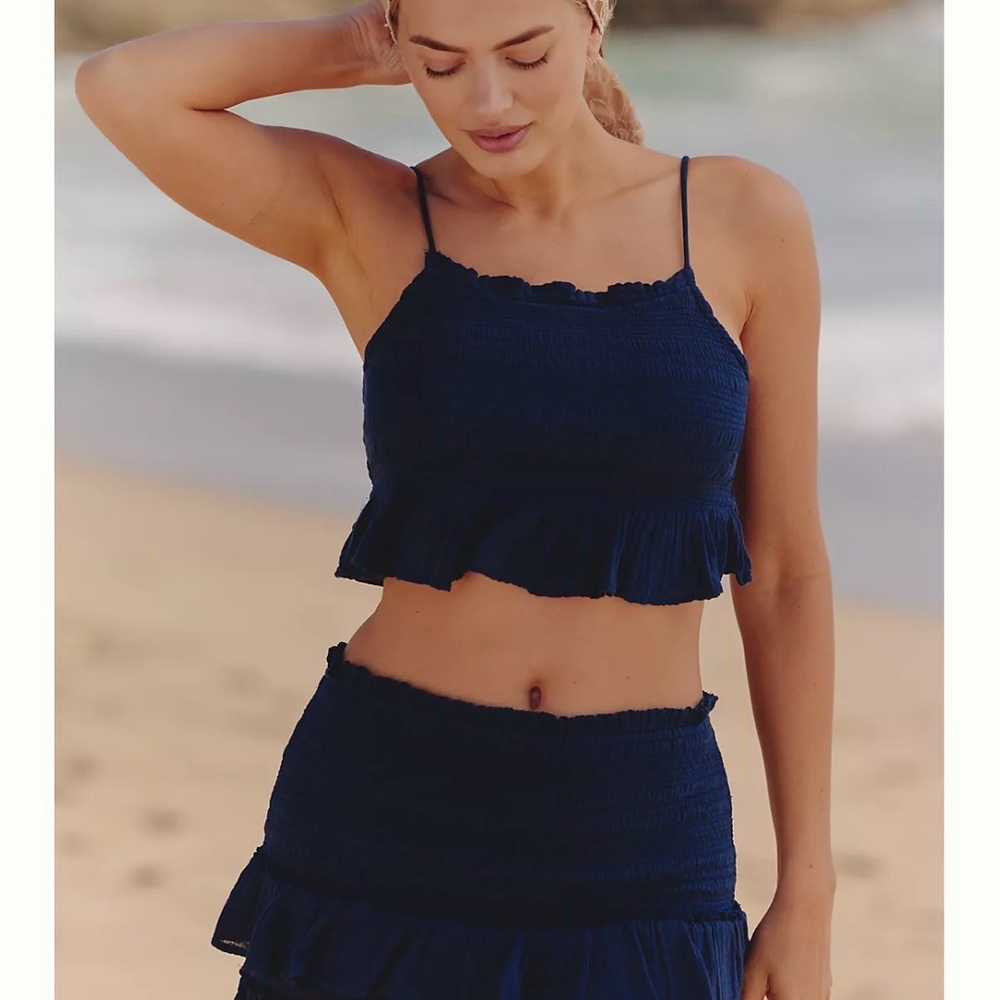Anthropologie Navy Blue Smocked Crop Top and Skirt Set